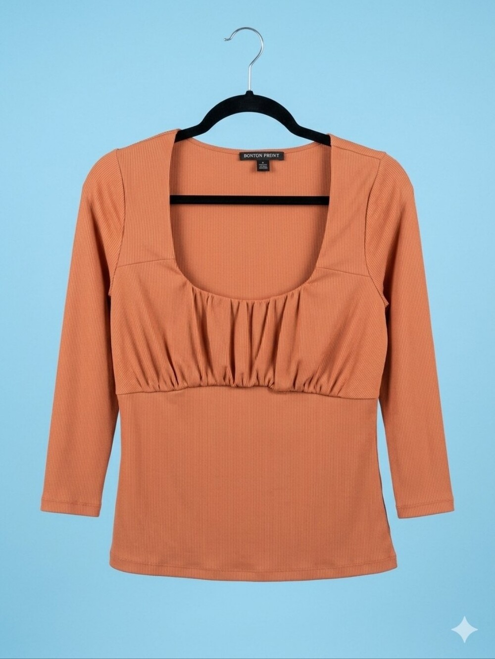 Boston Proper Rust Orange Ribbed Knit Top Ruched Bust 3/4 Sleeve Size M